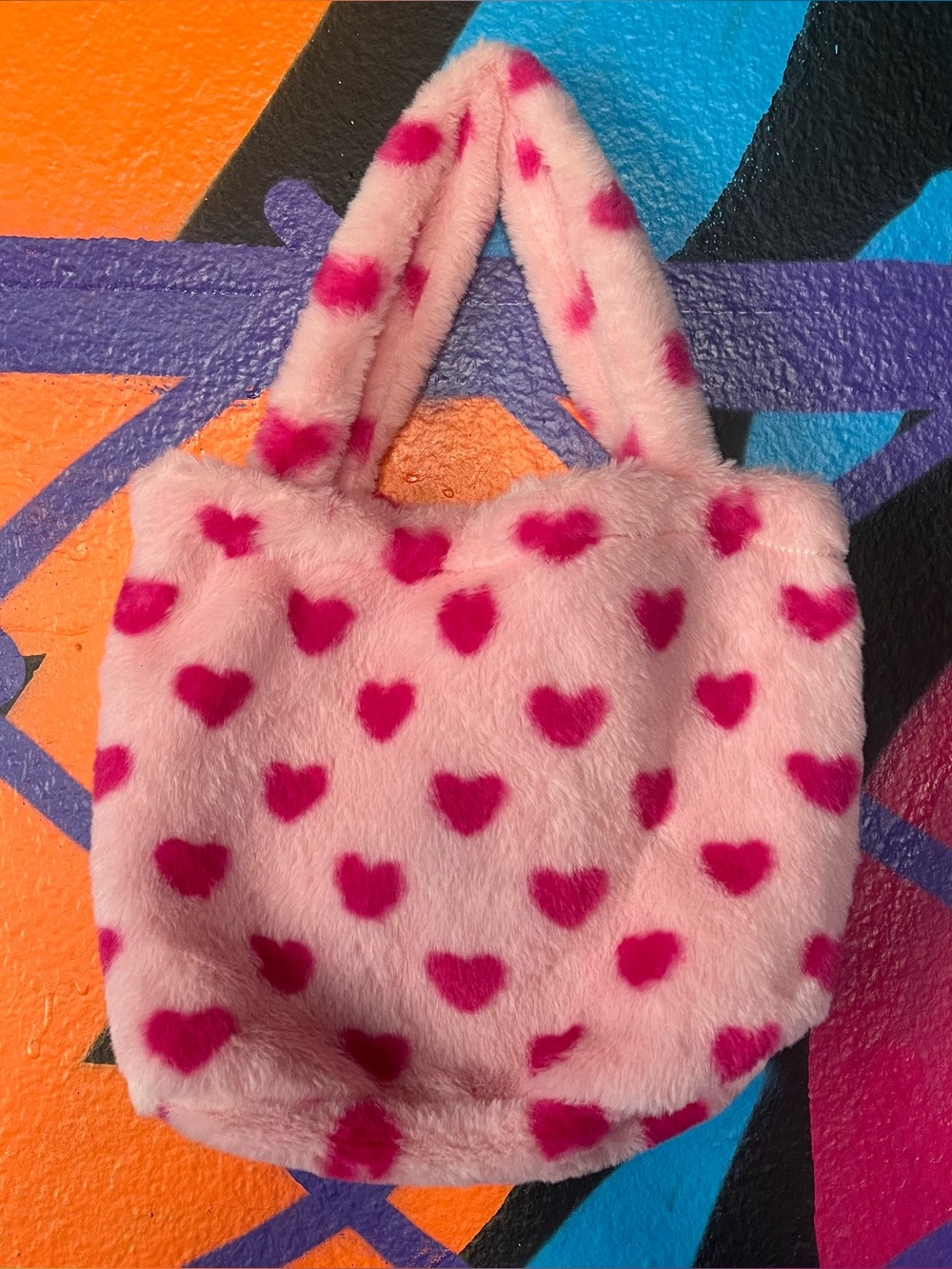 Pink faux fur purse with pink hearts